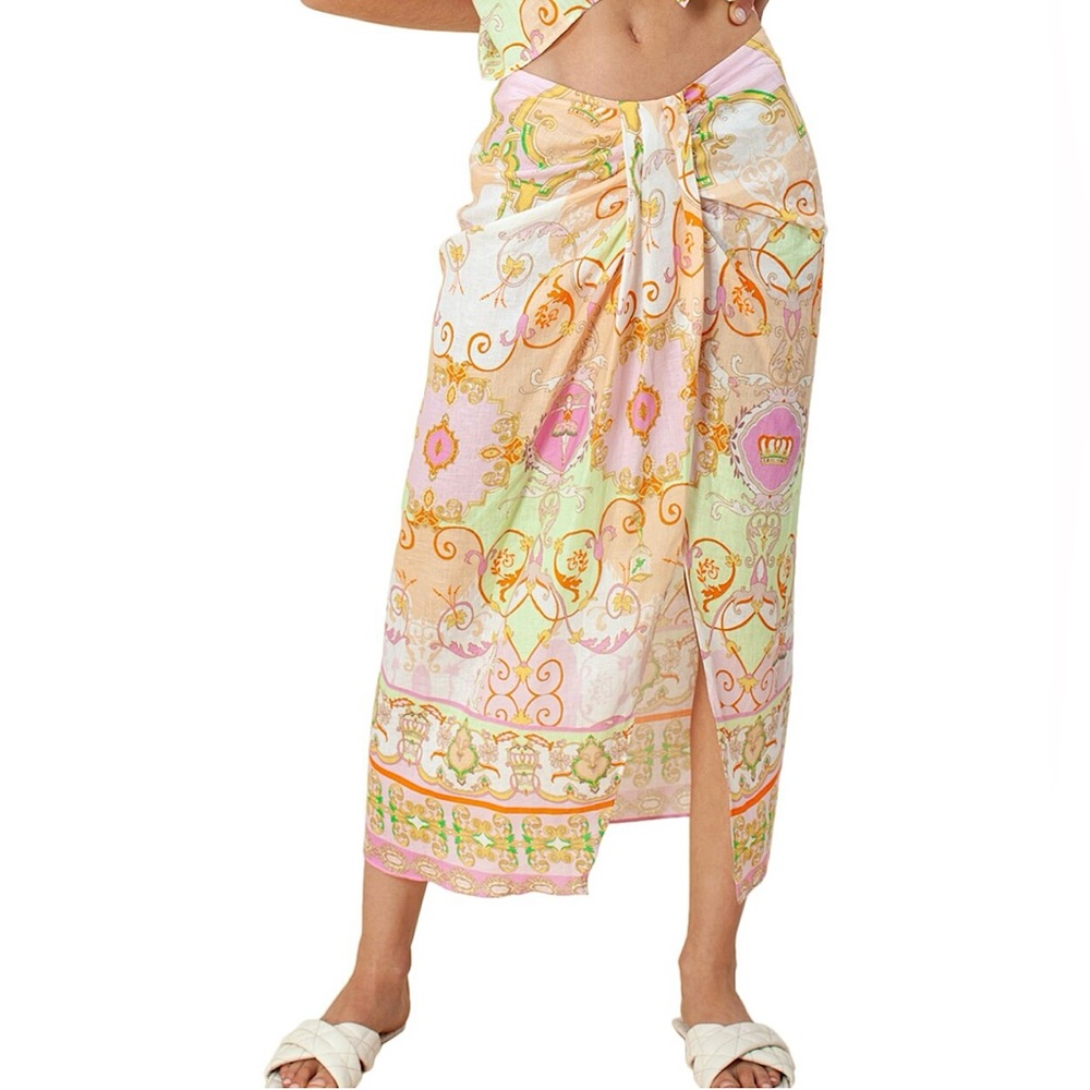 NWT HALE BOB Sophrona Pastel Paisley Print Drape Front Linen Skirt Size S Summer - Picture 2 of 8